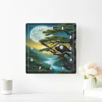 Eagle Perched on Tree Branch Under Full Moon Square Wall Clock