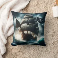 Pirate Ship Braving Stormy Seas at Dusk Throw Pillow