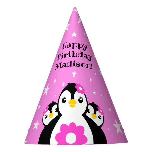 Cute Happy Birthday Girl Penguins Pink Flowers Party Hat