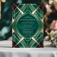 Emerald Green and Gold Art Deco Wedding Invitation