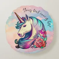 Cute Unicorn in Colorful Sky Round Pillow
