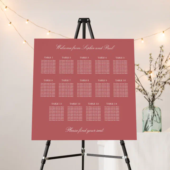 Dusty Rose Pink 14 Table Wedding Seating Chart Foam Board