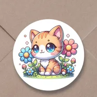 Cute Chibi Orange Kitty Cat in Pink Flowers Classic Round Sticker