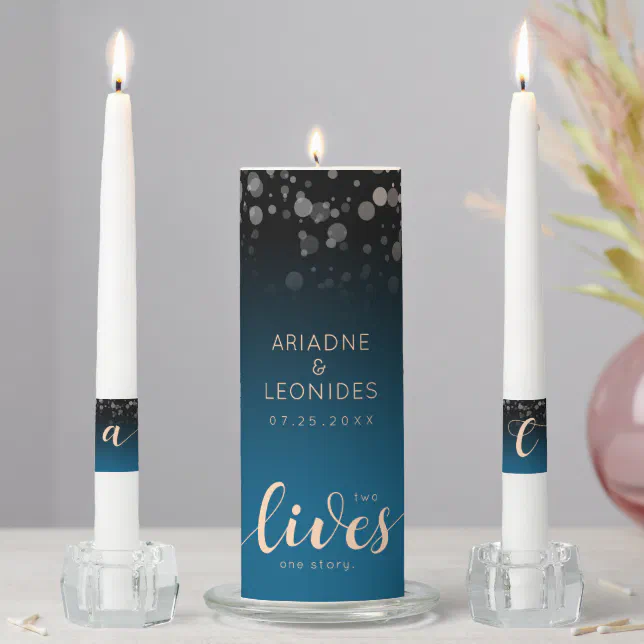 Elegant Peach Oceanic Blue Wedding 2 Lives 1 Story Unity Candle Set