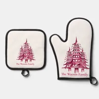 Red Custom Pagoda Christmas Trees  Oven Mitt & Pot Holder Set