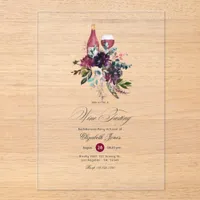 Transparent Burgundy Floral Wine Tasting Acrylic Invitations