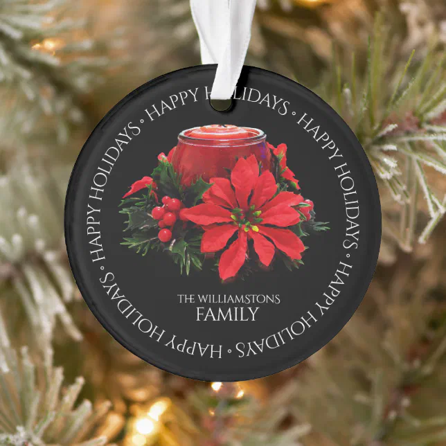 Festive Red Christmas Candle, Holly and Poinsettia Ornament