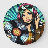 Cool Pop Art Comic Style Girl with Vinyl Album Large Clock