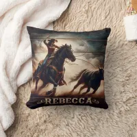 Rodeo Cowgirl Roping a Bull at Dusk Throw Pillow