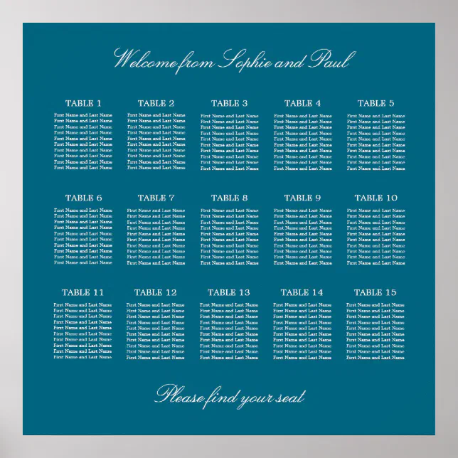 Turquoise 15 Table Wedding Seating Chart Poster