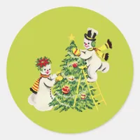 Retro Snow Couple Decorate Christmas Tree Classic Round Sticker