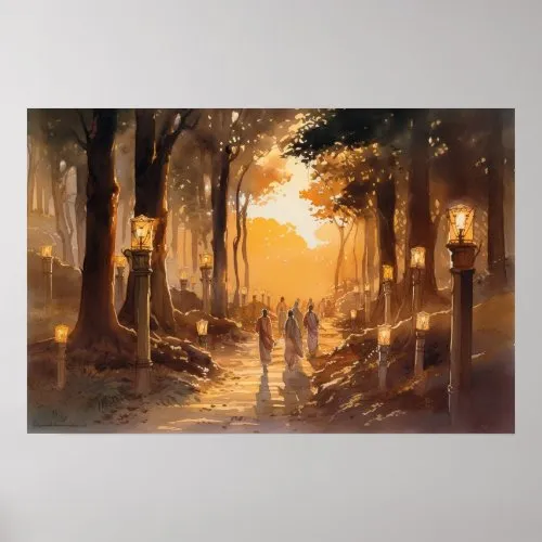 Watercolor pilgrim's path through the woods Poster