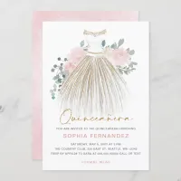 Blush Pink gold glitter Floral Dress Quincea&#241;era Invitation