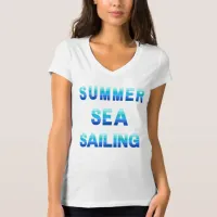 Summer, Sea, Sailing - Ocean Blue Stripe Text T-Shirt