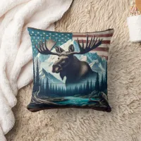 Majestic Moose Against Mountains and American Flag Throw Pillow