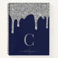 Navy Blue Silver Sparkle Glitter Drips Monogram Notebook