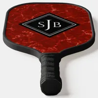 Elegant Red Marble Black Diamond Monogram Pickleball Paddle