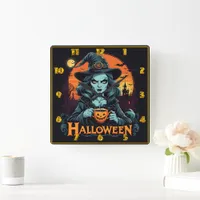 Witch enjoying pumpkin drink on Halloween night Square Wall Clock