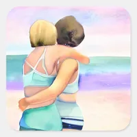 Lesbian Love | Two Woman Embracing on Beach  Square Sticker