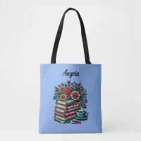 Personalized Vintage Books, Coffee and Flowers Tote Bag