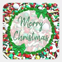 Merry Christmas White, Red Green Holiday Sprinkles Square Sticker