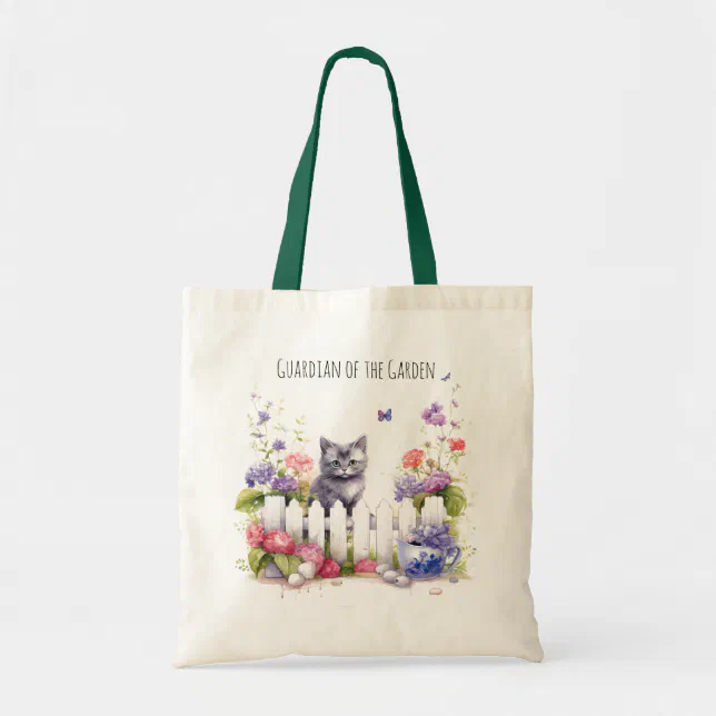 Cute Black Kitten at Garden Cat Watercolor Art Tote Bag