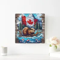 Canadian Beaver on Lake With Canadian Flag Square Wall Clock