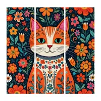 Whimsical Folk Art Cat and Flowers