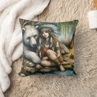 Native American Woman Sitting by Bear by Fire Throw Pillow