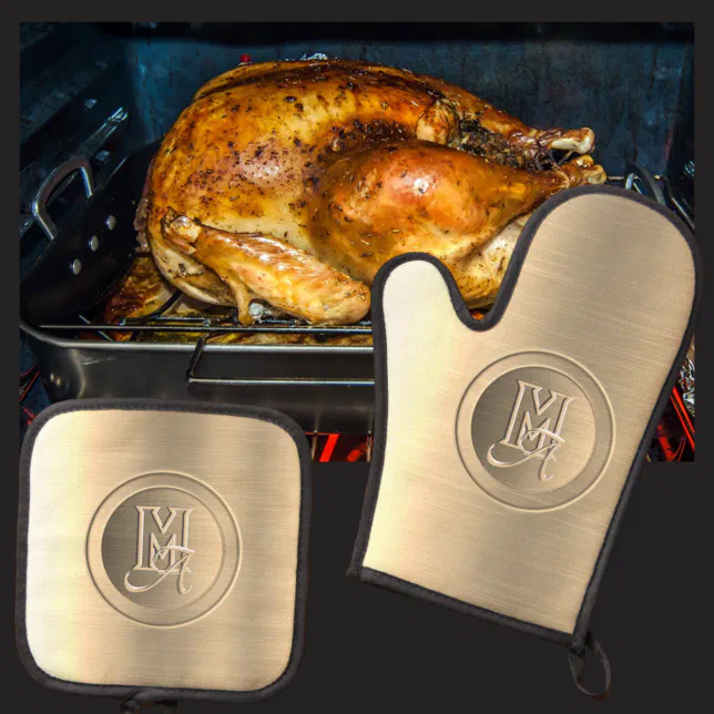 Metallic Gold Steel Engraved Monogram Oven Mitt & Pot Holder Set