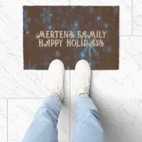 Happy Holidays & Name Deep Blue Bright Snowflakes Doormat