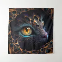 Fractal Cat Face in Black and Vibrant Colors Tapestry