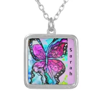 Violet and Black Butterfly Art  Silver Plated Necklace