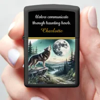 A majestic wolf howls beneath the full moon’s glow zippo lighter