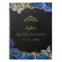 Blue Roses Black Gold Lace Quincea&#241;era Guestbook Notebook