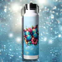 Blue Butterfly and Pink Flowers Personalized Water Bottle