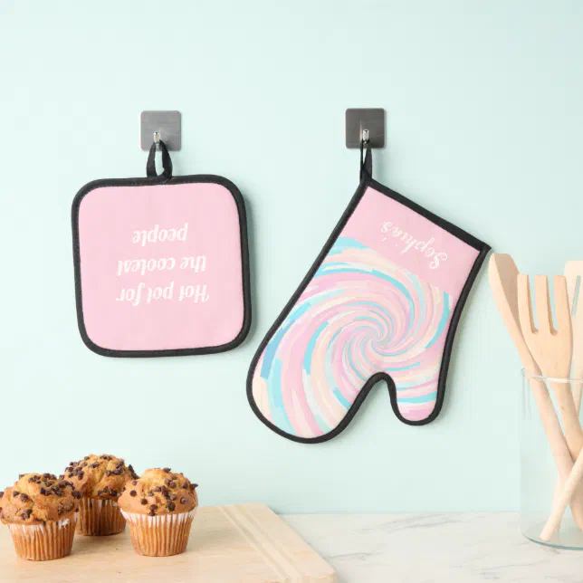 ... Pastel Pink Color Wavy Vortex Oven Mitt & Pot Holder Set