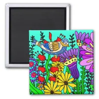 Pretty Colorful Folk Art Style Bird and Flowers Magnet