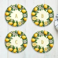 Lemon Fruit Flowers Fresh Citrus Initials 4 Coaster Set