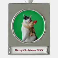 White and Black Cat & Reindeer Christmas Toy Silver Plated Banner Ornament