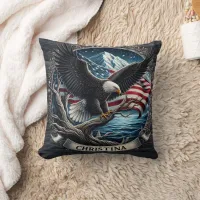 Eagle Soaring Above Mountains With American Flag Throw Pillow