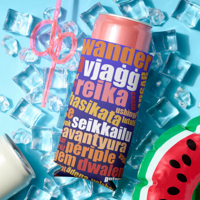 Colorful Journey in Many Languages Word Cloud Seltzer Can Cooler