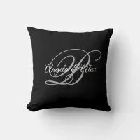 Black Grey and White Fancy Script Monogram Throw Pillow