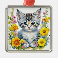 Watercolor Kitten Flowers Christmas Metal Ornament