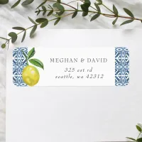 Sicilian Mediterranean Blue Tiles Lemons Wedding Label