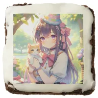 Pretty Anime Holding Kitten Girl's Birthday Brownie