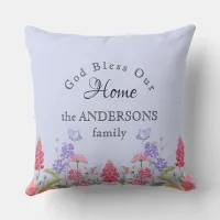 God Bless Our Home Blue Wildflower Family Name Throw Pillow