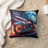 Motorcycle under full moon, American flag Throw Pillow