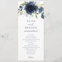 Navy Blue Silver Floral Watercolor Wedding Program