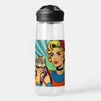 Cartoon Comic Pop Art Women Holding Cat Water Bottle